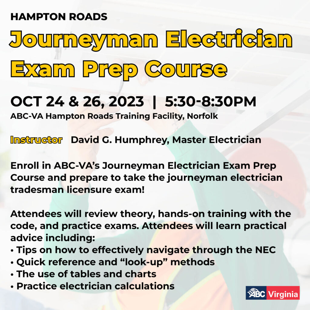 Journeyman Electrician Exam Prep Course 10/24 HR ABC Virginia